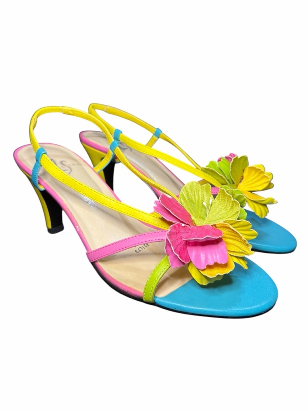 Life Strides Multicolor Floral Slingback Heeled Sandals- Pink, Yellow, Blue